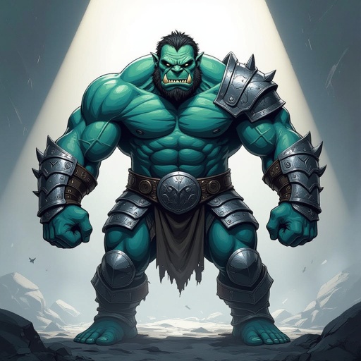 ogre with heavy chain mail armor, blue skin
