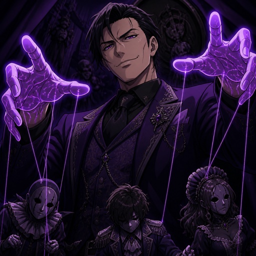 Male, black hair, 40 years old, purple suit, glowing purple hands, smirk, purple veins, puppeteer