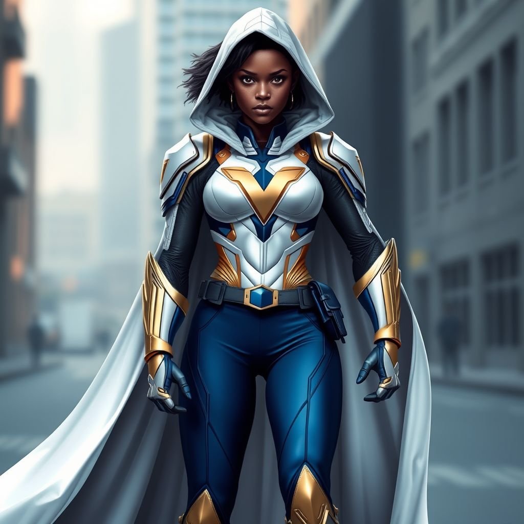 A teenage African American female superhero  wearing a white  cloak with a hood over a professionally made slightly armored white and blue suit with blue pants gold accents and a stylized V as her chest emblem a utility belt and gold boots