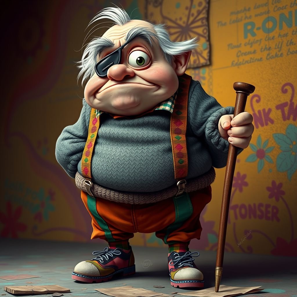 Create a grouchy funny old character who has 1 eye patched. Make him fat with a cane. Show his whole character head to toe including shoes 