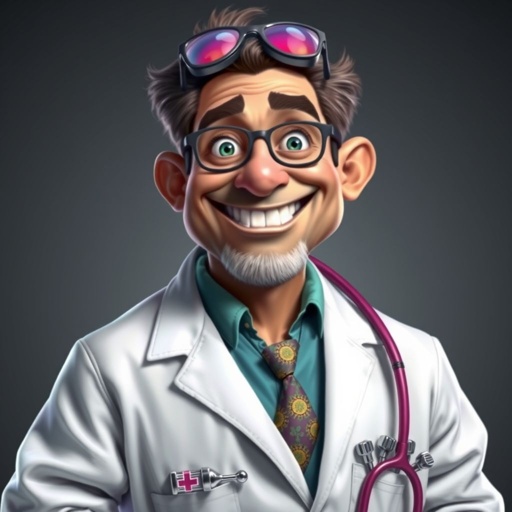 create a doctor. Who is funny human looking from head to toe. And he always immediately results to surgery for anything even small things. So please be sure to show his whole outfit head to toe. Make him have only 1 tooth