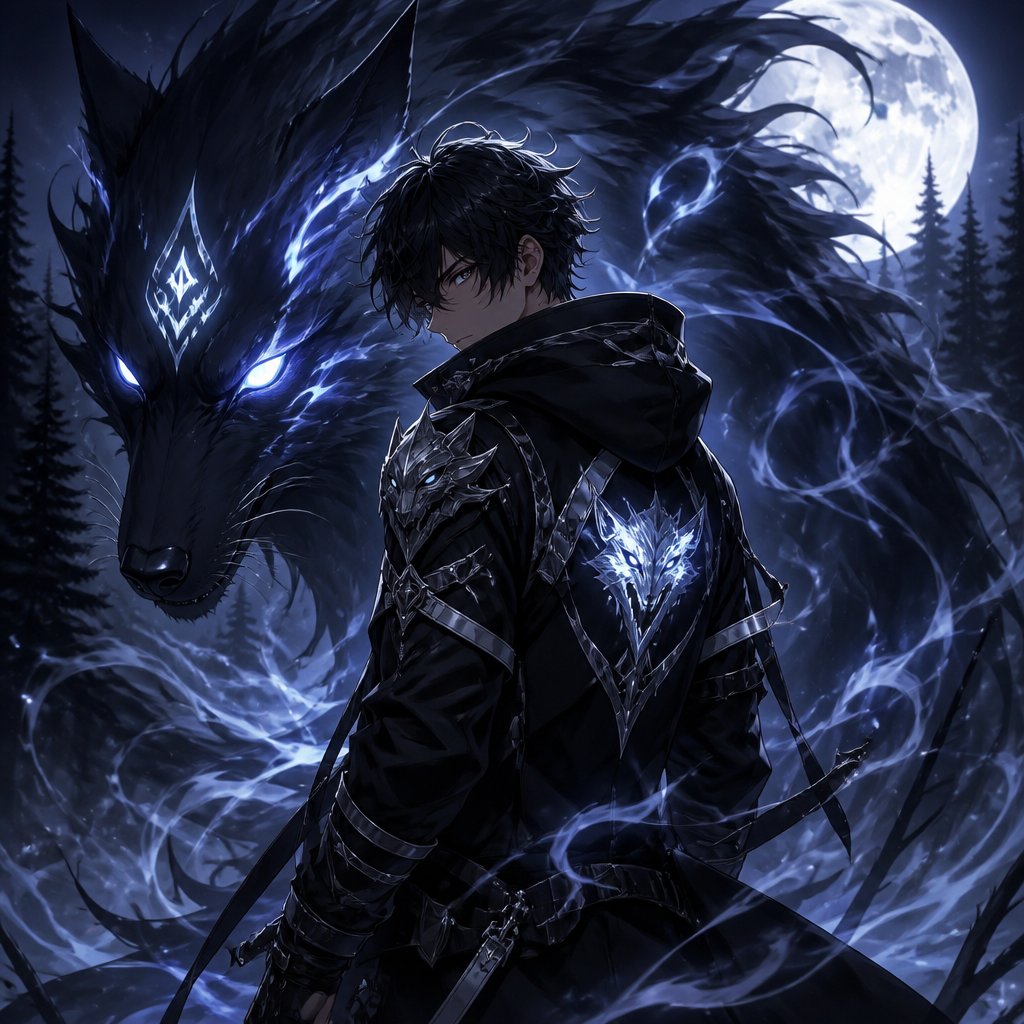 Create an original anime-style male Wolf Guardian, around 18–20 years old, tall and athletic, with messy black hair and cool silver-gray eyes. He wears stylish black streetwear mixed with lightweight armor: a black jacket, dark pants, combat boots, and silver wolf-inspired details. A subtle glowing wolf emblem is visible on his jacket. A gigantic spectral black wolf stands behind him, its fur flowing like smoke and its eyes glowing icy blue. The wolf looks powerful and protective rather than evil. The character stands in a dark forest under a huge full moon, with mist covering the ground and moonlight shining through the trees. Mysterious cinematic anime style, blue and silver lighting, detailed wolf fur, detailed character design, atmospheric fog, sharp clean linework, powerful but calm mood, full-body composition, original character, no existing anime character, no text, no watermark.