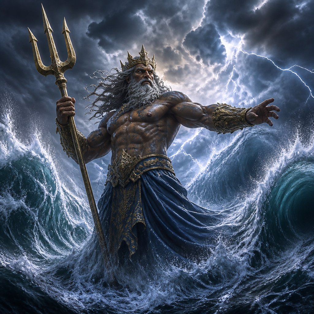 Poseidon facing off with divine anger in the middle of a vast sea