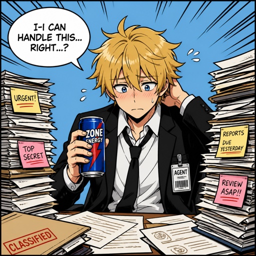 Anime style Agent gray nice wave blond hair,nice,no glasses, cares about partner, shy, good at his job, very organized but when a lot of work happens all at one and there's a limited time he can get very disheveled, likes his partner agent Ruby but to scared to admit it, smart, can work in any situation,energy drinks,can unintentionally be funny