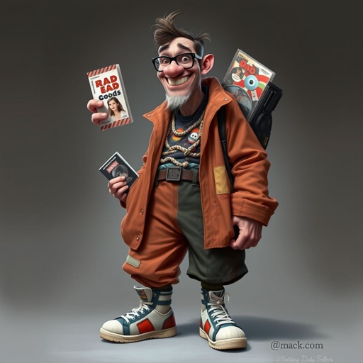 create a guy name bootleg who sellers dvd’s for movies that are fake dvds. Make him funny looking. And make sure the image shows him head to toe like his whole outfit 