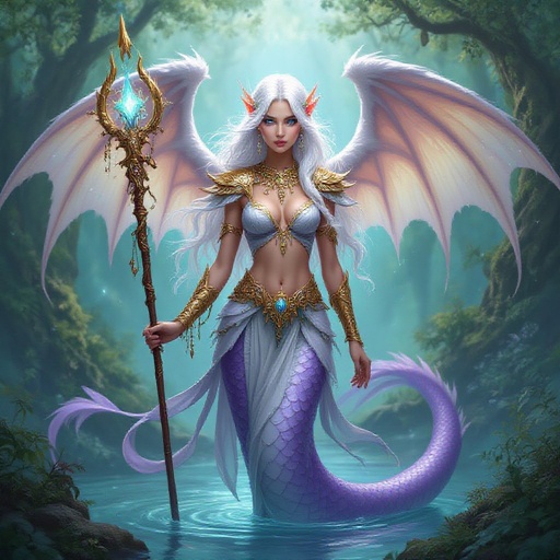 Full view Winged naga with long white hair and bright blue eyes her tail is light purple 