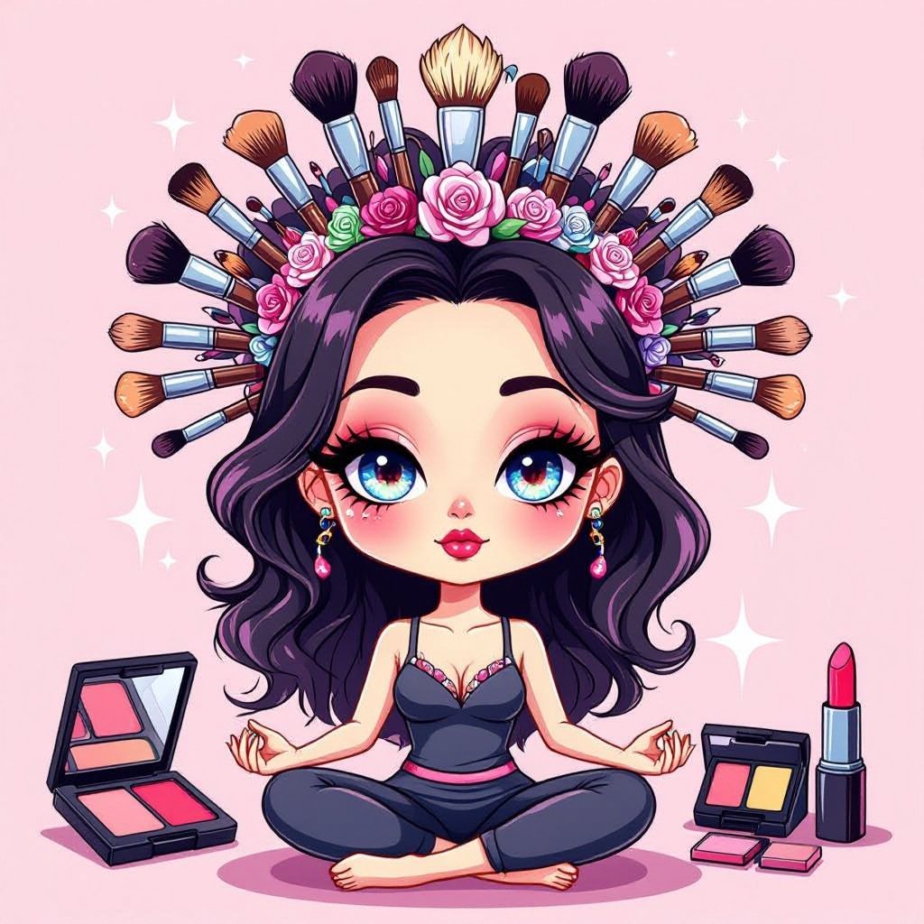 Create a chibi character mid 30’s lady who is the meditating with crown of makeup stuff