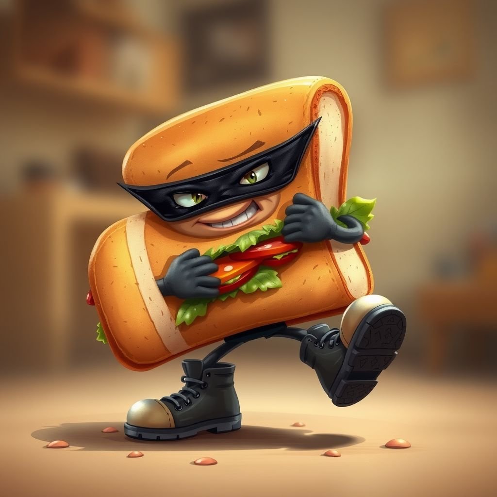 Create a funny looking clumsy sandwhich thief with funny shoes on. Make him have on the bandit black thing around his eyes