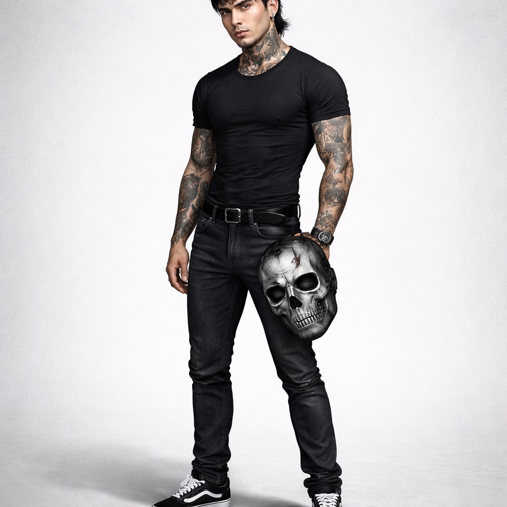 Skinny muscular build olive skin dark hair in a super short mullet with burst fade sexy eyes looking at you tattoos on arms neck chest and back and legs wears black tshirts and slim fit jeans with black vans sneakers with a ghost from call of duty mask