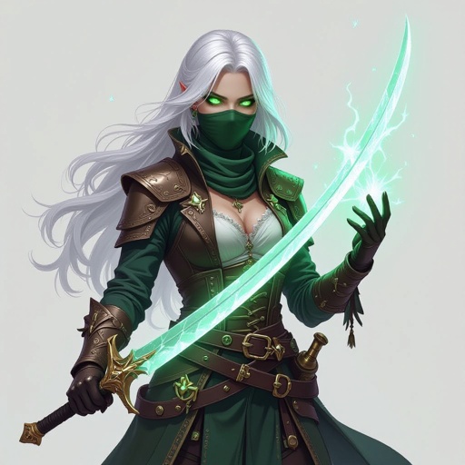 5’7 tall platinum hair almost white bright green eyes human keeps face covered 130 lbs Ghost form tattoo on right arm Duel wielding crystal rapier blades rouge pirate captain