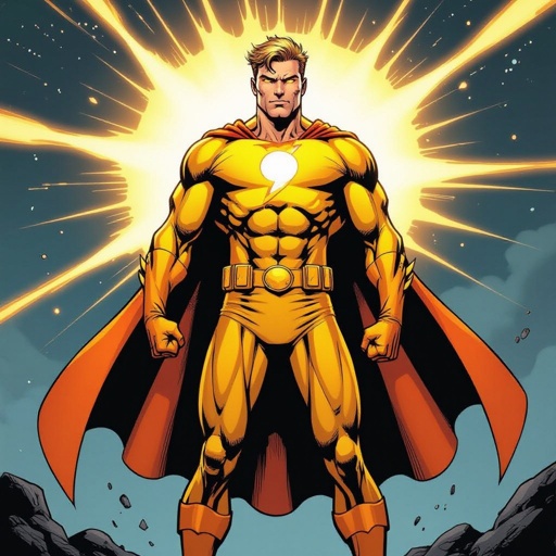 Male comic book Hero who emits the brightness of the sun: their costume has NO CAPE OR BELT