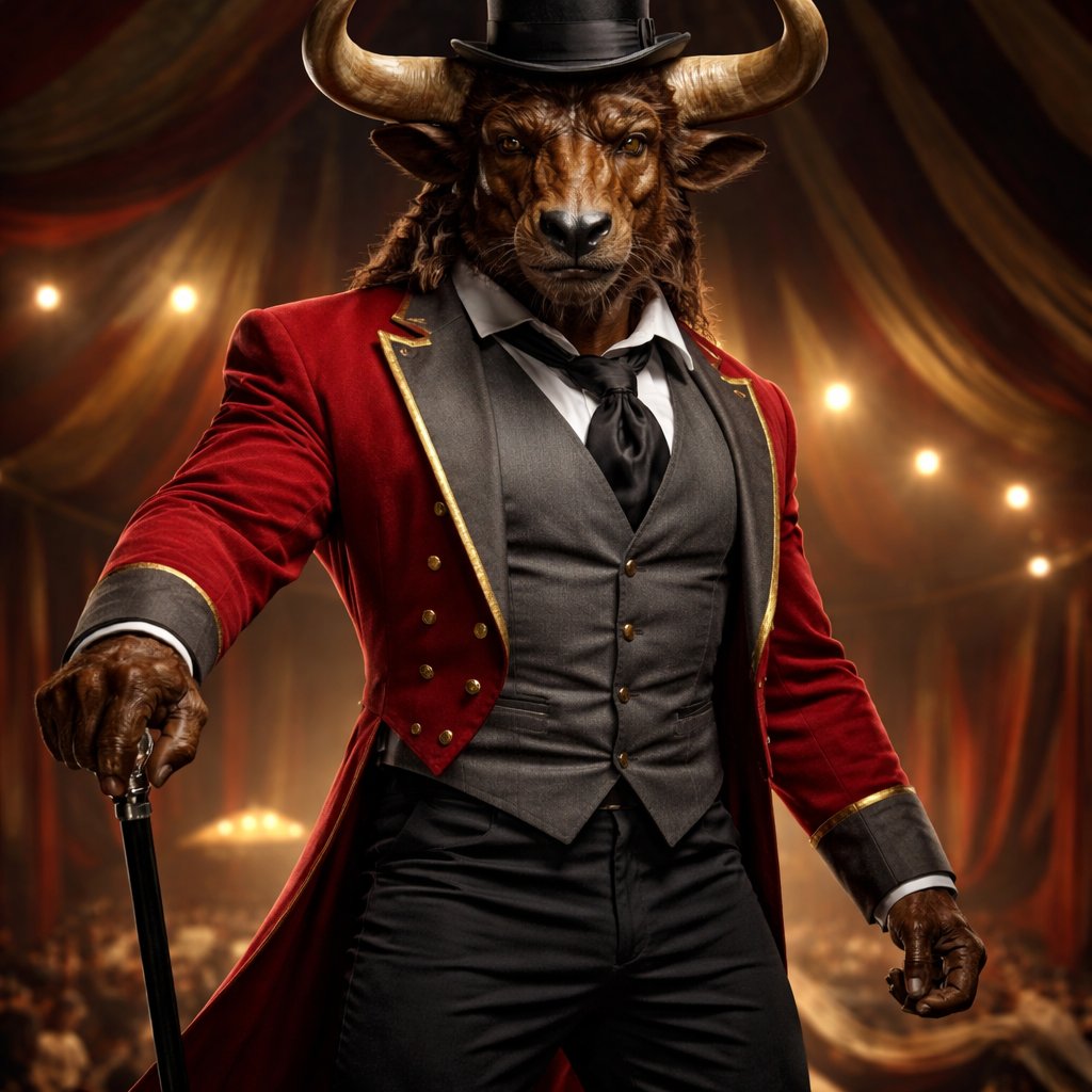 A captivating chestnut brown male Minotaur that’s 6 1/2 feet tall with well~proportioned figure/body with deep set cattle like brown eyes, large powerful gleaming horns like his fathers, a , long tail. He works at freak show as the ringmaster and his abilities are Reality Rejection, Time Manipulation (Chronokineses), Zoolingualism (Language of Cattle only), Human Speech. His outfit consists of a crimson tailcoat, grey blazer, black pants and top hat.