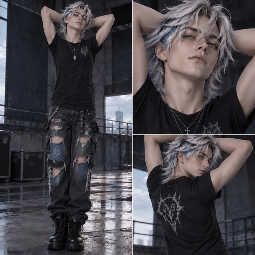a woman with grey hair wearing a black shirt and ripped jeans