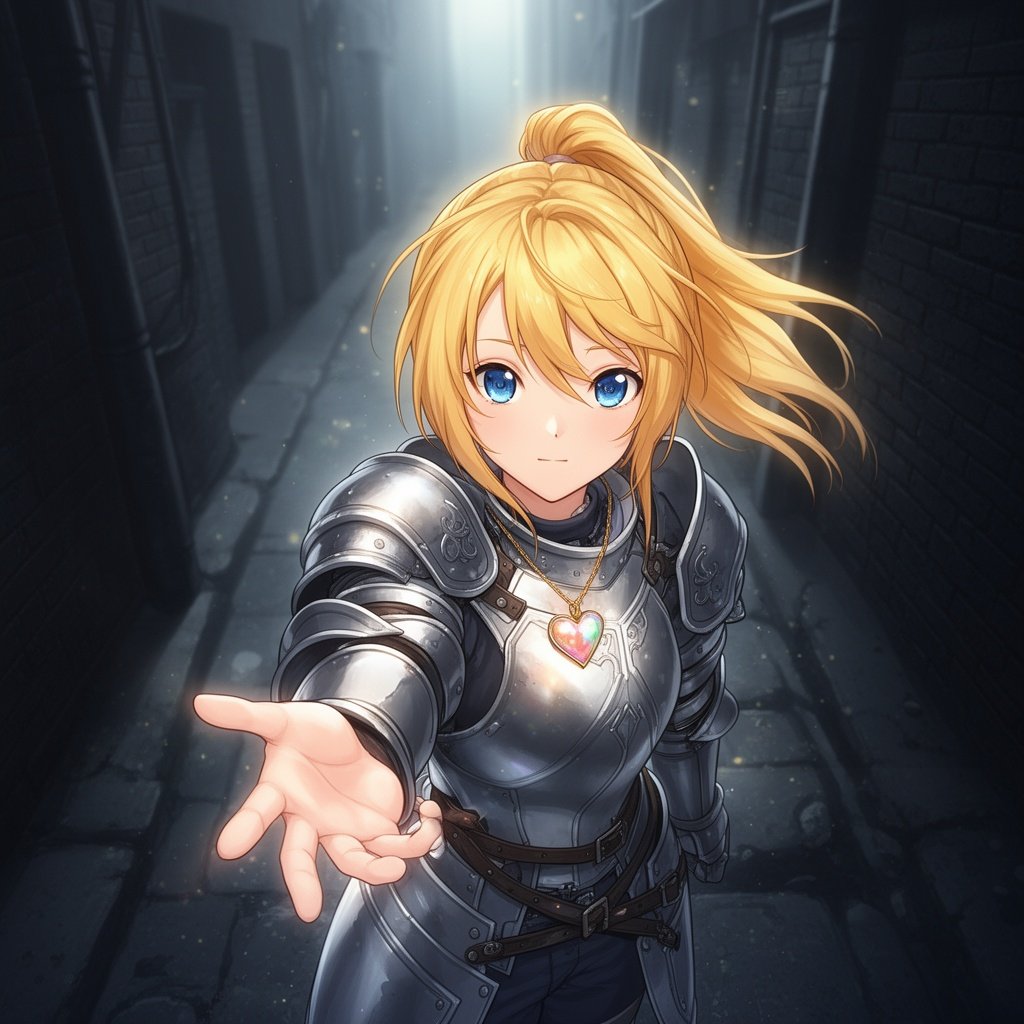 A beautiful girl with long golden hair tied up in a pony tail wearing heavy armour she has peachy skin and nice blue eyes. She seams to have some divine magic coming from her with a heart pendant hanging from her neck. She is in a dark alleyway offering a hand to the camera looking down as if the camera is on the floor looking up.