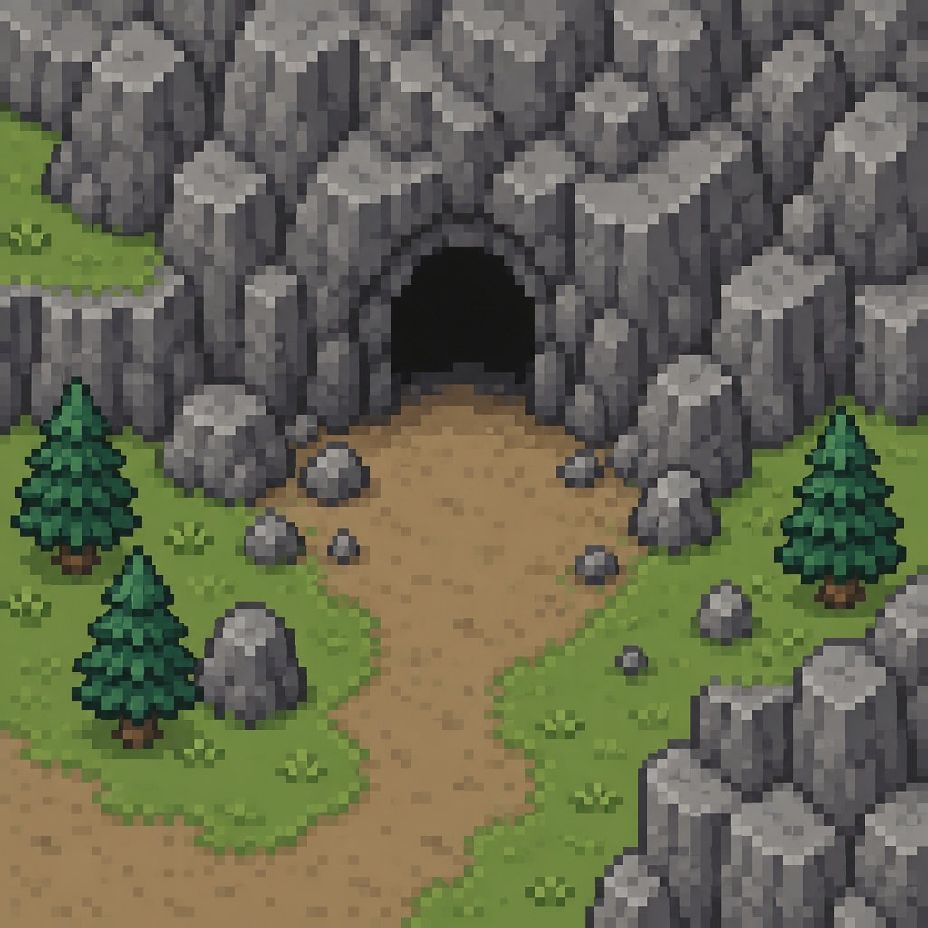Cave on the side of a mountain for a fantasy game set in modern times, top-down style