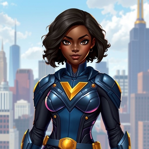 A teenage African American female superhero with slightly curly hair in a shoulder length side part style wearing a polyester armored black and blue suit with gold accents and a stylized V as her chest emblem a utility belt and gold boots standing in Philadelphia