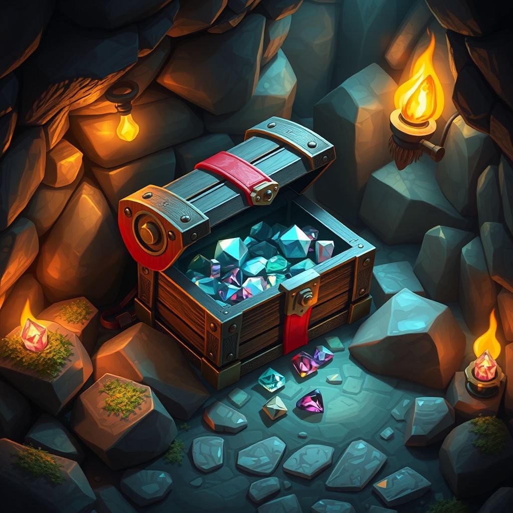Wooden treasure chest with red banding sitting on cave floor
