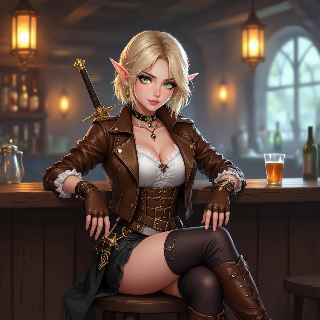 π¨ Prompt β βFfionna Baelyn: Shallow End Inn (Appearance + Scene Canon)β A semi-realistic fantasy painting of Ffionna Baelyn, a female High Elf assassin with a blonde pixie cut, fair ivory skin with warm undertones, and sharp green eyes flecked with gold. She has pointed ears and an elegant, athletic build. She wears a cropped brown leather jacket fitted to her waist with brass buckles and visible stitching detail, over a white sheer-lace blouse with a delicate neckline. A short, black fitted leather skirt sits high on her waist, sleek and practical. Her gloves are fingerless brown leather, and her thigh-high brown boots match in tone, polished with subtle shine and high, narrow heels. Two polished short swords with gold-filigree guards and brown leather-wrapped hilts rest symmetrically at her hips, catching the light faintly. Ffionna sits at the wooden bar inside the Shallow End Inn, perched on a stool with one leg crossed over the other in a confident, relaxed pose. Her expression is calm, observant, and composed β a professional at rest but ever alert. The scene is dimly lit by warm lanterns and candles reflecting off bottles and swamp water beyond the open shutters. The air feels humid, the wood aged and dark, and a faint mist glows beneath the lanterns. Lighting should be warm and balanced, highlighting her features and outfit details with natural, painterly texture. Composition: full-body to shins, semi-realistic fantasy art style following the 8-heads rule of proportion.
