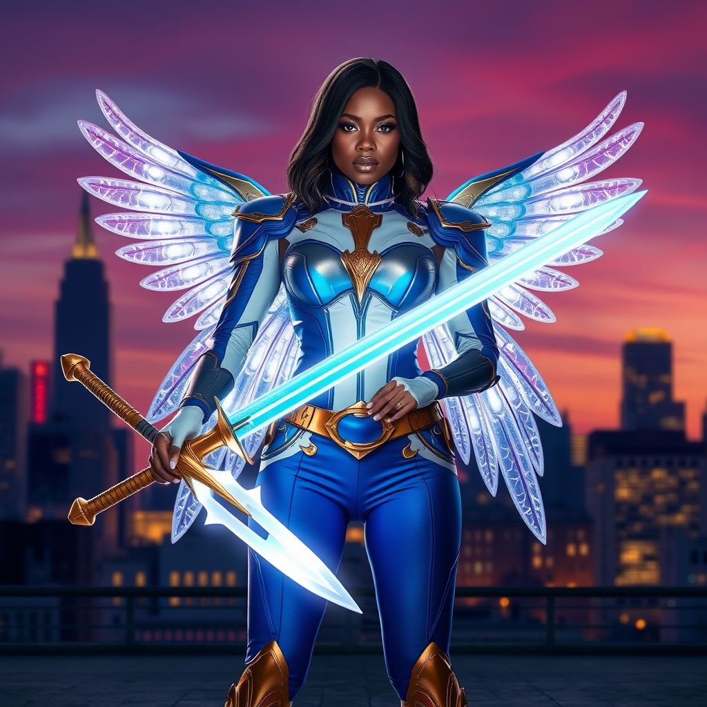African American female superhero with shoulder length hair in a side part style and holographic wings wearing a homemade white and blue suit with gold accents and blue pants with a stylized V as her chest emblem wearing gold flat boots  made of gold fire holding a large glowing broadsword in her hands standing in Philadelphia at dusk
