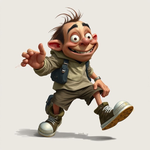 Create a funny looking clumsy sandwhich thief with funny shoes on 