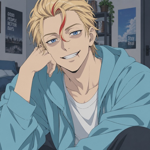 Male, blonde greased brushed back hair, curl on forehead, red streak in hair, scar on lip, blue eyes, eye bags, happy, slim, designer, cyan casual clothes
