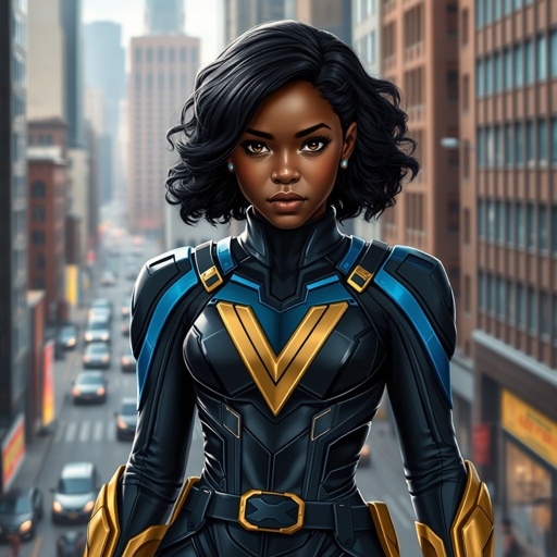 A teenage African American female superhero with slightly curly hair in a shoulder length side part style wearing a polyester armored black and blue suit with gold accents and a stylized V as her chest emblem a utility belt and gold boots standing in Philadelphia
