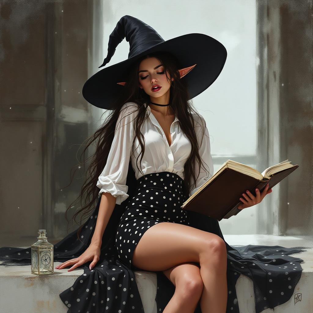 Brunette Elf Wizard Librarian with Long brunette hair in a tight black and white polka dot mini pencil skirt and a white open blouse and a big witches hat. She looks like she’s daydreaming the hottest moment ever
