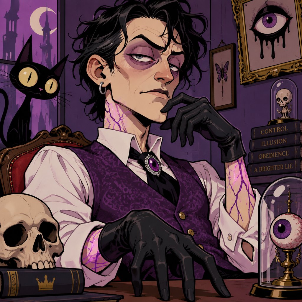 Male, slim, slight eye bags, black messy wavy hair, back hair, brushed side hair, strands of hair in the middle of forehead, ear piercing ring, gloves, purple glowing veins, purple vest, white shirt, no facial hair, bad guy, mid 40s