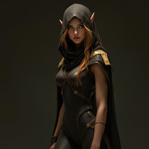 Strawberry Blonde High Elf Assassin in a Stealthy Dark Sepia and Ochre Fitted Tight jumpsuit. No tattoos. Full body