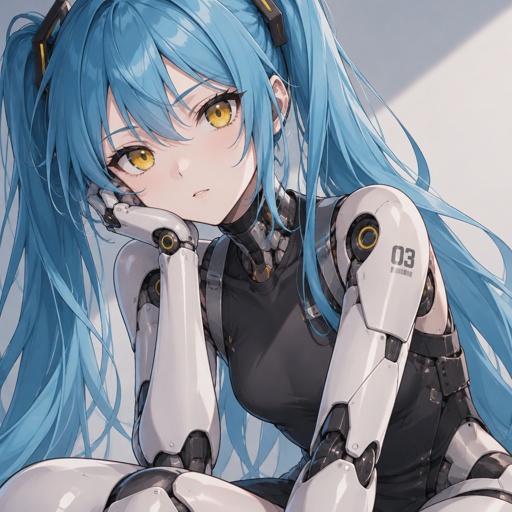 Cyborg, little girl, ocean blue hair in pigtails, yellow eyes