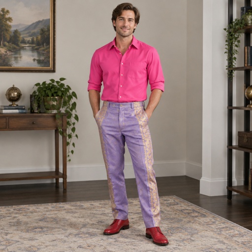 Brown Hair Male Hot Pink Shirt Lavender Gold Pants Red Shoes Size Large Medium Human