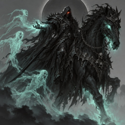 dark abyss assassin, dragon eye, large horse companion, spirit summoning abilities, horseman of the apocalypse, 