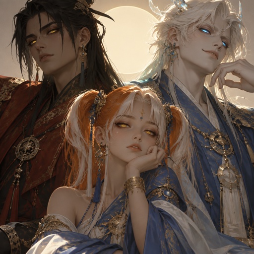 Female, yellow eyes, orange and white messy pigtails, short, wears blue, one droopy eyelid, Male, Asian, neck length black hair, yellow eyes, eyeliner, wears red casual clothes, small mouth, Male, fluffy white hair, big blue eyes, long smile, snobby, wears blue, messing with them