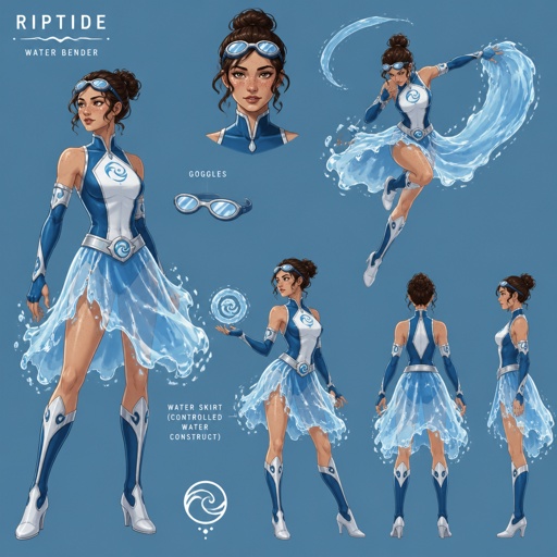 Female superhero with water powers, cool costume skirt made of water, goggles, freckles,multiple of the same character 