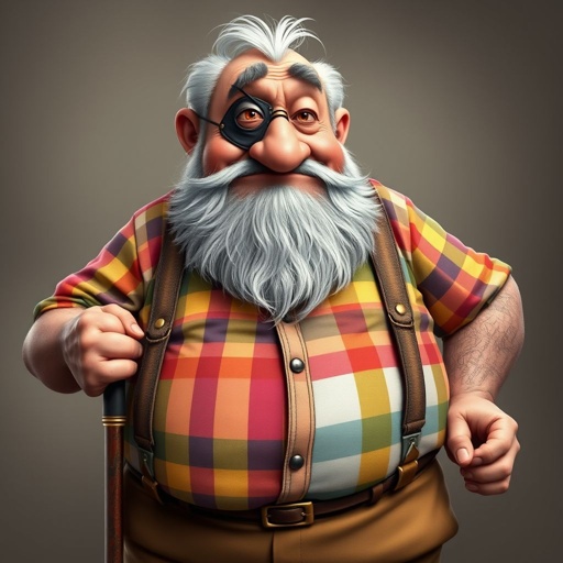 Create a grouchy funny old character who has 1 eye patched. Make him fat with a cane. Show his whole character head to toe in image 