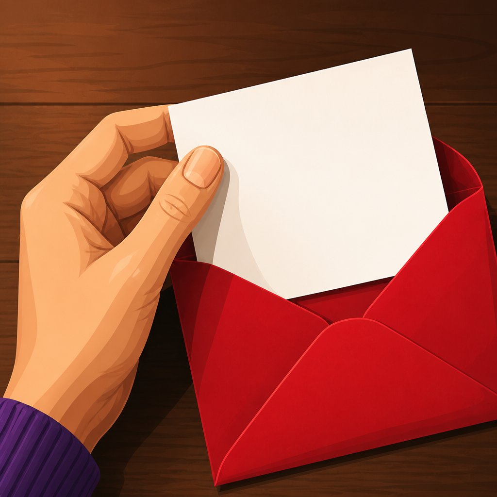 a hand holding a piece of paper over a red envelope