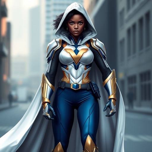 A teenage African American female superhero  wearing a white  cloak with a hood over a professionally made slightly armored white and blue suit with blue pants gold accents and a stylized V as her chest emblem a utility belt and gold boots