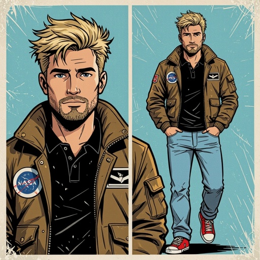 man with Dirty Blonde Unkempt Hair and Goatee.  Astronaut Flight Jacket Black And White Polo and Light blue denim jeans with red sneakers