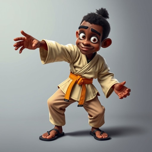 Create a character who looks like a funny African karate guy who doesn’t have a clue what he is doing. Make him have weird toes