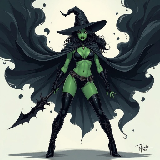 sexy shadow demon witch gypsy slate grey skin large black billowing cloak that emits darkness and shadow smoke. Two piece. Witches Hat.  Wields Black Evil Shadow Smoke Daggers