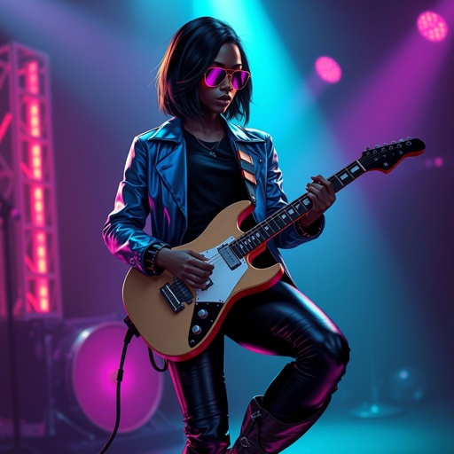 African American female cyberpunk with shoulder length hair in a layered side part style wearing a black shirt and a glowing blue jacket rose gold and purple shades and black jeans with black boots playing a Flying V electric guitar in a club