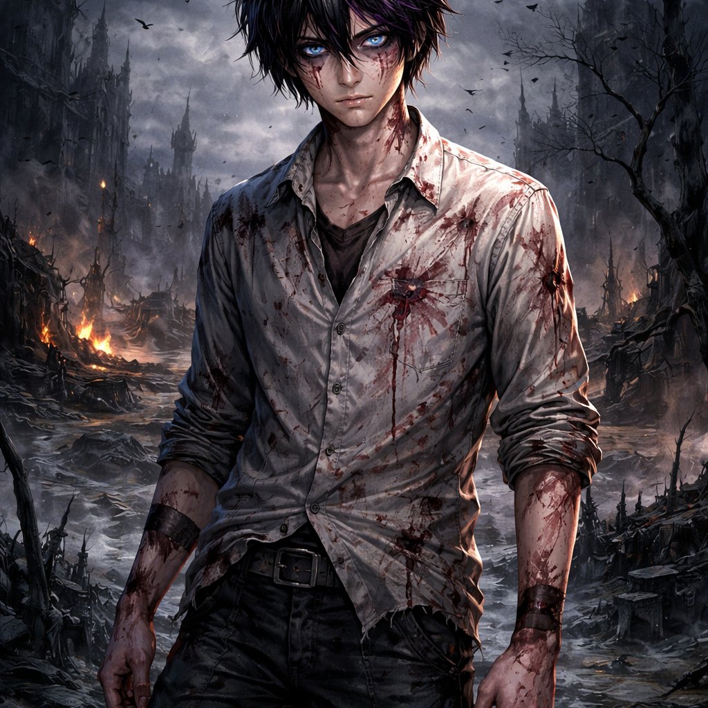 An 18 year old boy who has black hair with purple stripes and blue eyes. He is wearing a dirty white shirts and black pants.