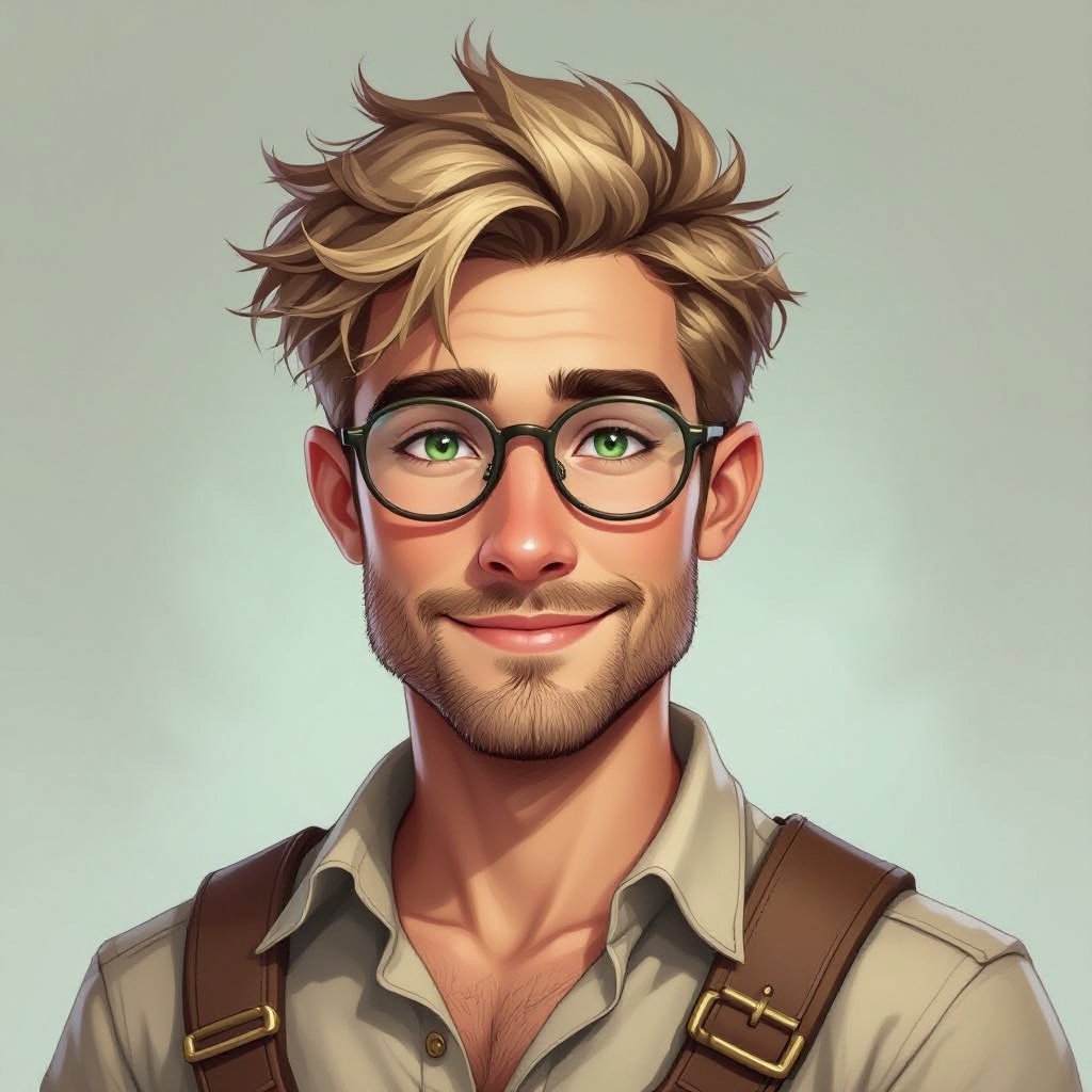 Mężczyzna. Człowiek.  Bardzo krótkie włosy z widocznymi zakolami. Włosy jasne. Krótkie włosy. Delikatny zarost. Oczy ciemnozielone. Delikatnie orli nos. Wąskie usta. Wąska szczęka. Smukła twarz. Duże okulary korekcyjne. Uśmiechnięty. Ubrany w koszule. Postura lekko muskularna. 