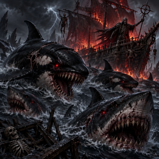 A super villain pack of killer whales/ mixed with prehistoric Megalodons, viscous hunters of the ocean and seas, controlled by whale hunter Ship-wreak.   