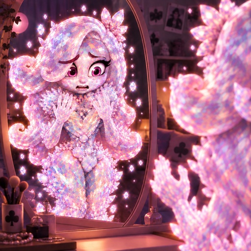 a mirror with a lit up doll in front of it