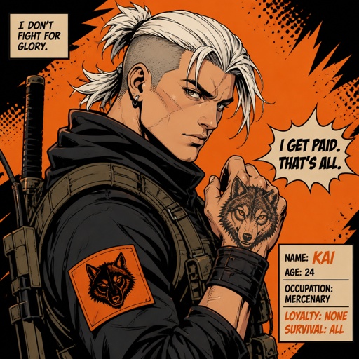 Male, 24, short white ponytail shaved side hair, serious , mercenary clothes, wolf tattoo on hand, orange 