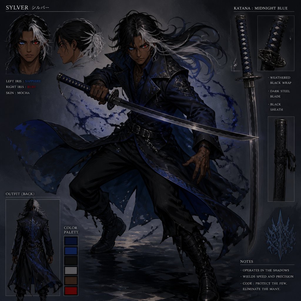 long black top half and white bottom half hair eye color sapphire blue iris for left eye with cat eye slit pupil and ruby colored right iris and normal pupil mocha color skin wearing blue and black trench coat and black pants with black boots wearing dark blue shirt name Sylver wearing a basic looking midnight blue handle with weathered black wrapping katana with dark steel colored blade and black sheath