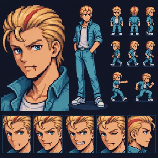 Male, blonde greased brushed back hair, curl on forehead, red streak in hair, scar on lip, blue eyes, slim, designer, cyan casual clothes,