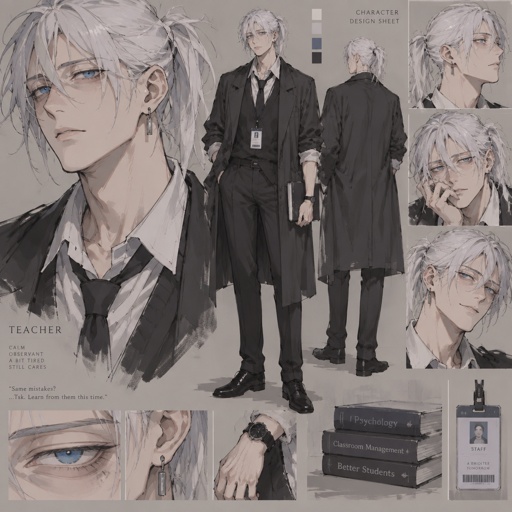 Anime style, male, highly skilled in fighting all fighting styles and weapons, bright blue eyes, white Japanese ponytail,pale skin, eye bags, teaches,earring,trained since birth,supposed to be an assassin,he chose to be a teacher, uses his skills ,no one knows who he is,agency trying to track him down because of the threat he could be 