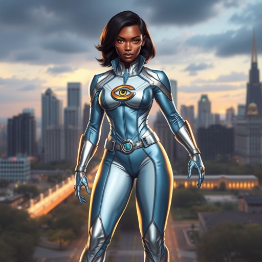 African American female superhero with hair in a shoulder length side part hairstyle with pure Gold glowing eyes wearing a leather light blue white and silver suit with light blue pants and silver boots and an Eye as her chest emblem in Philadelphia